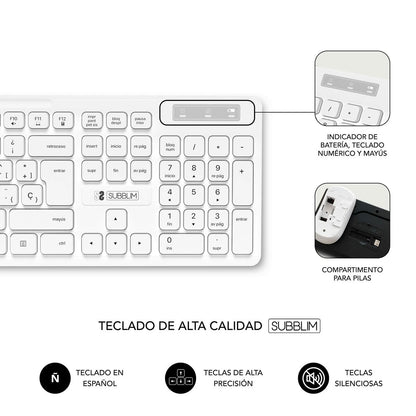Tastatur mit Drahtloser Maus Subblim BUSINESS SLIM Weiß